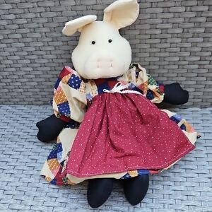 Vintage 2005 Signed "Apple Dumplin" Handmade Folk Art Patchwork  Animal Doll